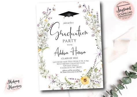 Graduation Party Invitation Wildflower Graduation Announcement Wildflower Editable Graduation