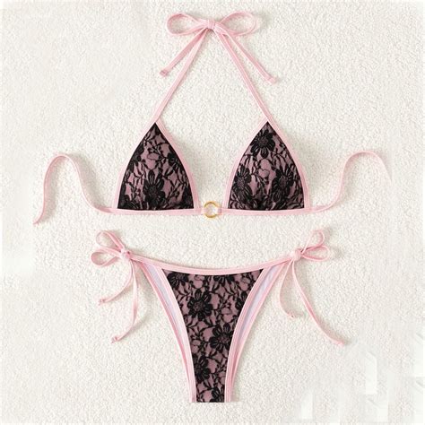 Fengqque Women S Lace Halter Neck Knot Briefs Two Pieces Bikini Sets Beach Vacation Split