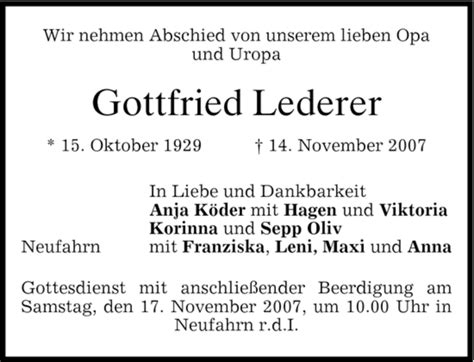 Traueranzeigen Von Gottfried Lederer Trauer Merkur De