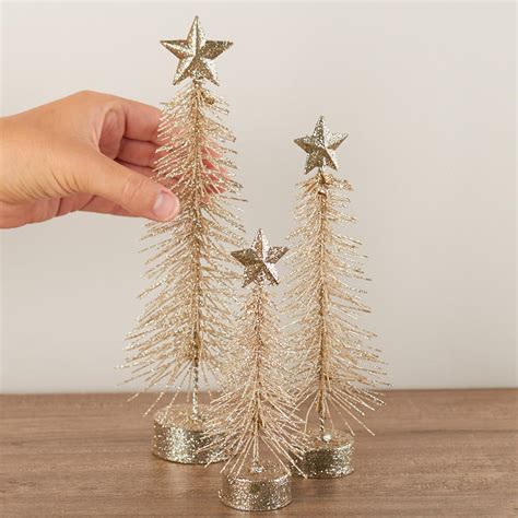 Champagne Glittered Needle Pine Bottle Brush Tree Set Christmas