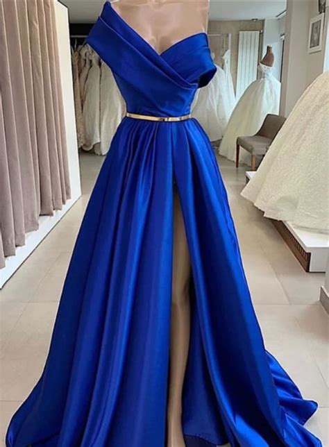 One Shoulder Royal Blue Satin Long Prom Dresses With Side Leg Slit Royal Blue Long Formal