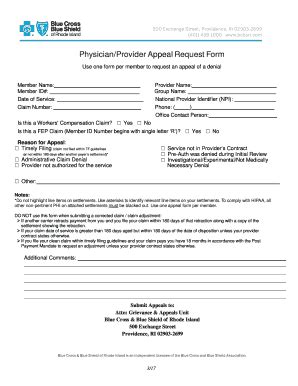 Provider Appeal Request Form Blue Cross Blue Shield Of Rhode