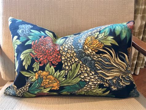 Asian Dragon Pillow Cover Navy Red Turquoise Gold And Green