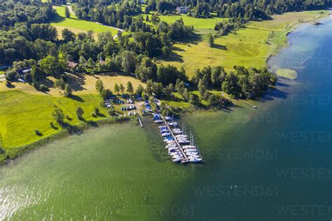 Germany Bavaria Seeshaupt Aerial View Of Boats Moored Along Jetty On