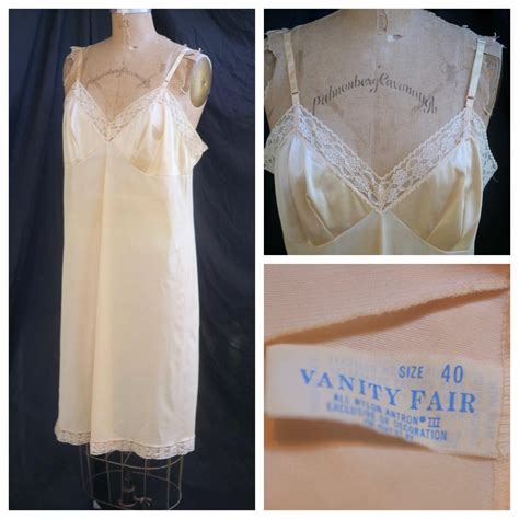 Vtg S Vanity Fair Nude Beige Full Slip Floral Lace Gem