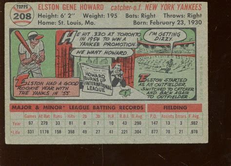 1956 Topps Baseball Card 208 Elston Howard New York Yankees First Topps Ex Ebay