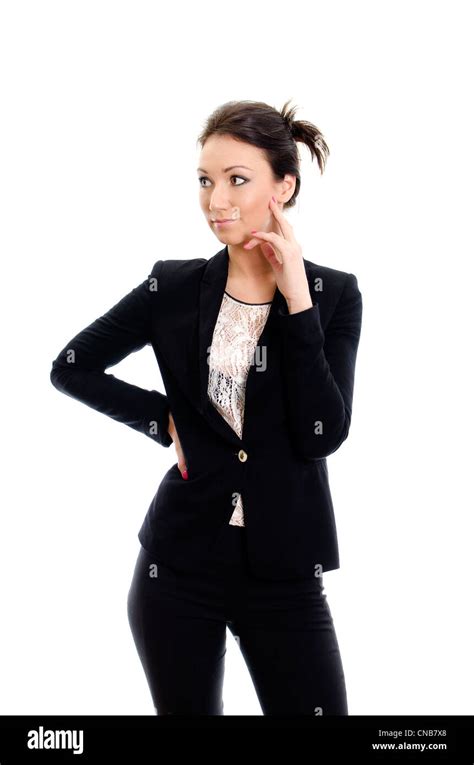 Attractive Brunette Thinking Isolated On White Stock Photo Alamy