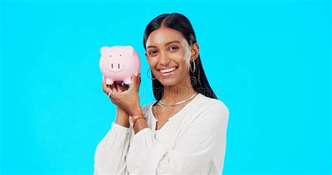 Piggy Bank Happy Face And Indian Woman With A Smile From Savings