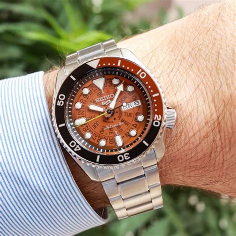 seiko  sports srpjk black orange transparent dial mens automatic