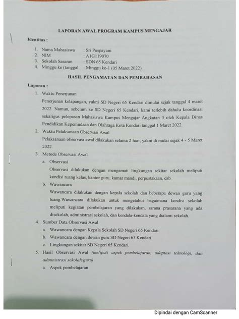 Laporan Awal Dan Laporan Mingguan Kampus Mengajar Pdf