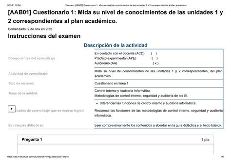 Examen AAB01 Cuestionario 1 AAB01 Cuestionario 1 Mida Su Nivel