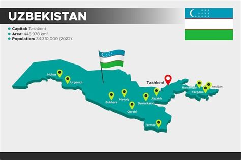 Oezbekistan Isometrische 3d Illustratie Kaart Vlag Hoofdsteden Gebied