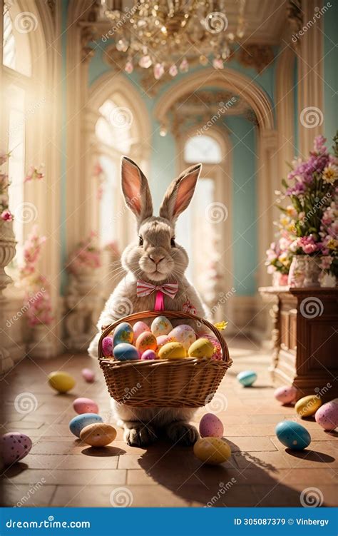 A Picture Of A Large Easter Bunny Carrying A Basket Filled With Eggs