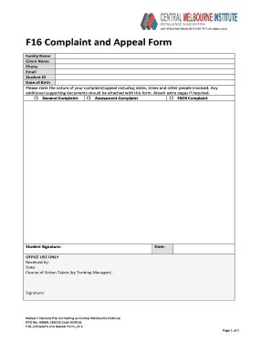 Fillable Online Cmi Vic Edu F16 Complaint And Appeal Form