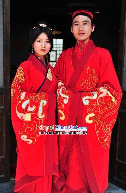 Ancient Chinese Red Hanfu Wedding Dress Two Complete Sets For Bride And