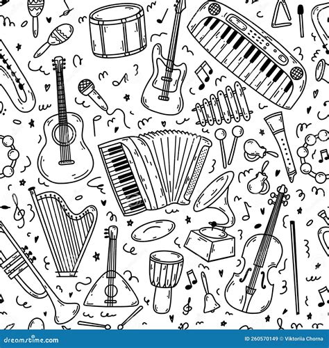 Seamless Pattern With Hand Drawn Doodle Musical Instruments Vector