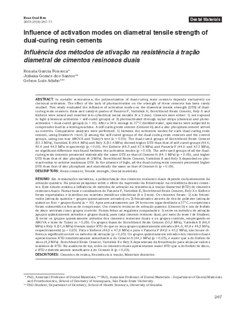 Pdf Influence Of Activation Modes On Diametral Tensile Strength Of Dual Curing Resin Cements