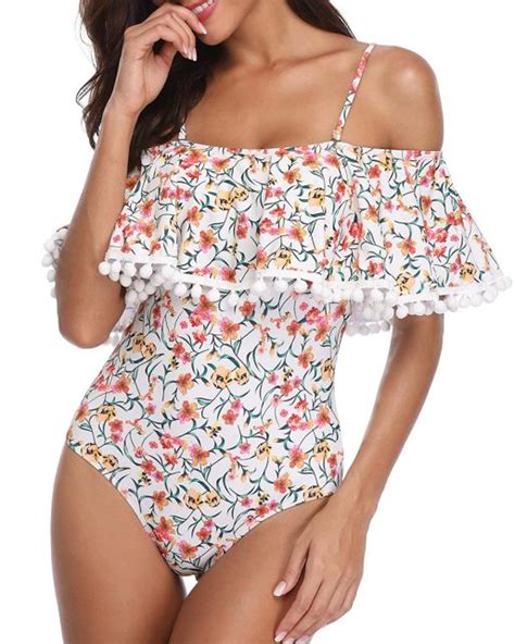 Womens One Piece Ruffle Swimsuit Off Shoulder Swimwear Bathing Suit