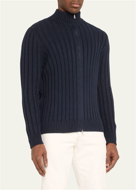 Bergdorf Goodman Mens Cotton Cashmere Wide Rib Full Zip Sweater