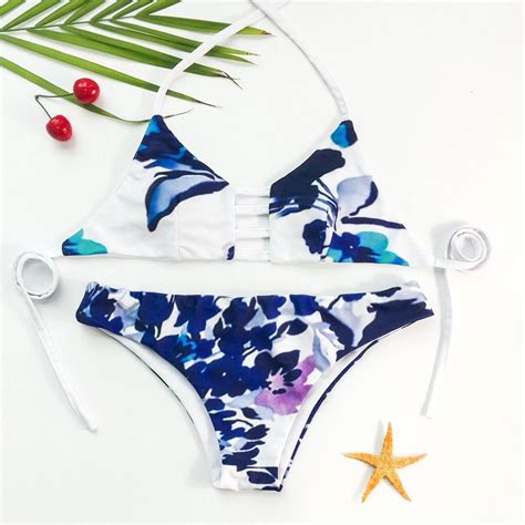 Off Women S Sexy Halter Floral Print Bikini Suit Rosegal