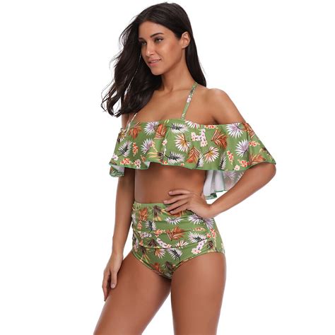 Sexy Bikini Set High Waist Swimwear Women Printed Swim Bathing Suit White Blue Swimsuit