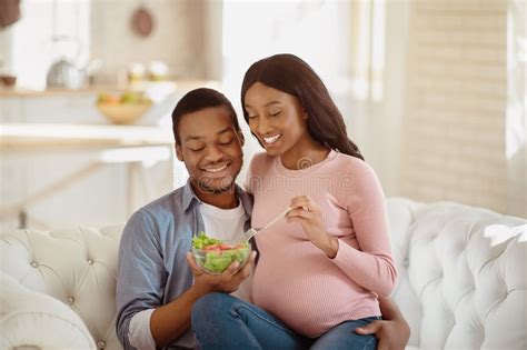 Healthy Nutrition during Pregnancy. Positive Black Husband and His