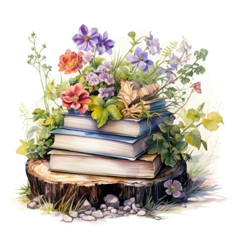 Ilustração em aquarela de uma pilha de livros flores de primavera