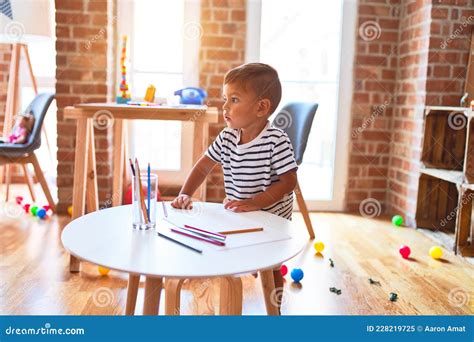 Beautiful Toddler Boy Drawing Cute Draw Using Colored Pencils At