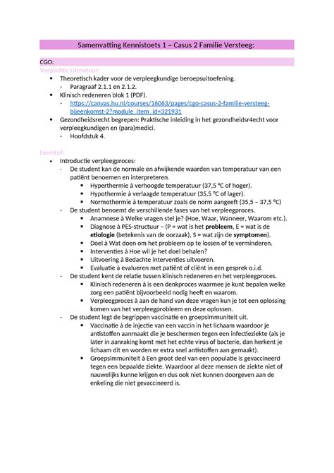 Samenvatting Kennistoets Casus Familie Versteeg Samenvatting