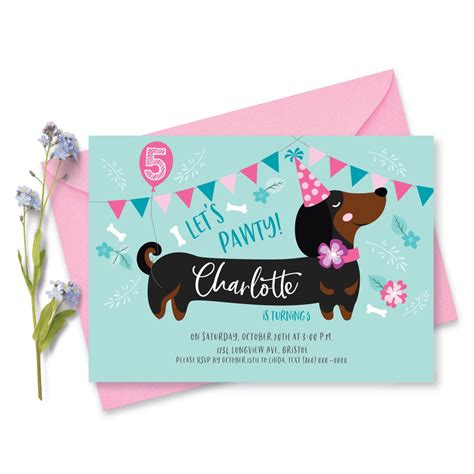 Dachshund Birthday Party Invitation Dog Puppy Party Cute Dachshund