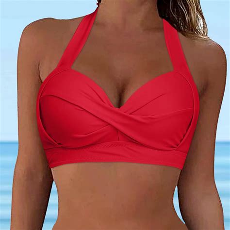 Women Bikini Top Push Up Swim Top Halter Neck Lace Up Solid Twist Front