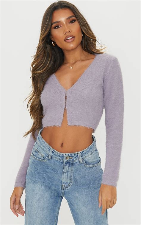 Lilac Eyelash Knit Crop Cardigan Knitwear Prettylittlething Ie