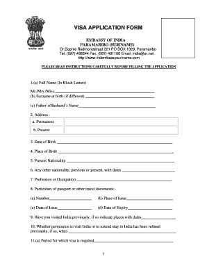 Fillable Online Visa Application Form Embassy Of India Paramaribo