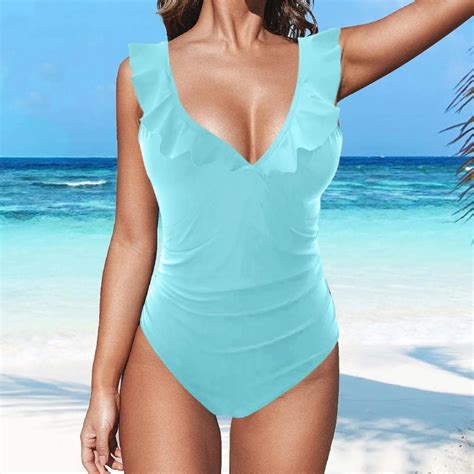 Women Swimsuit Solid Color Camisole Mesh Patchwork Ruffle Edge Sexy One