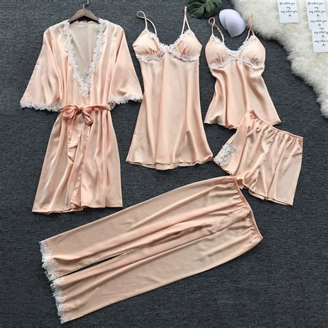 Women Lace Lingerie Nightwear Underwear Babydoll Sleepwear Dress 5PC Suit Silk Pajamas For Women