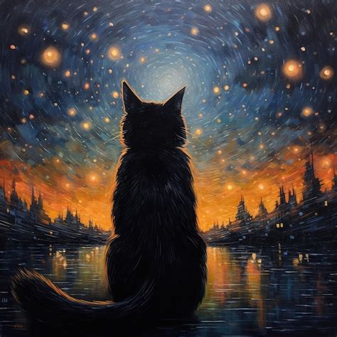 Pintura De Un Gato Sentado En Una Repisa Mirando Las Estrellas Ai