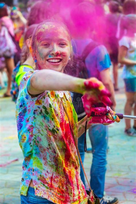 Portrait Of Happy Young Girl On Holi Color Festival Editorial Photo