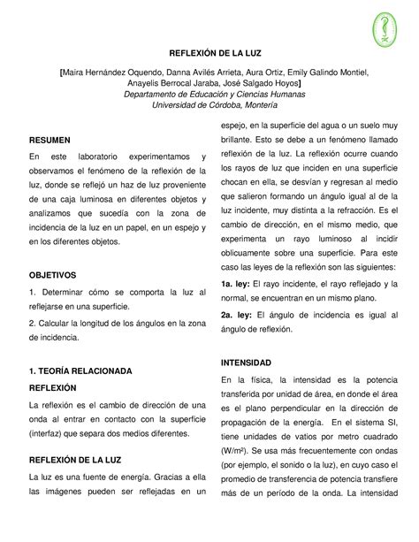 Informe Reflexión DE LA LUZ Física III y Laboratorio Unicórdoba