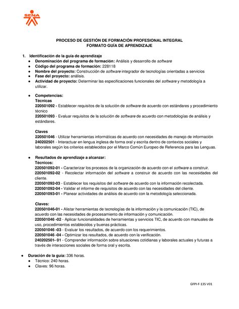 Guia aprendizaje 01 - Analisis y desarrollo de software sena - PROCESO DE GESTIÓN DE FORMACIÓN ...