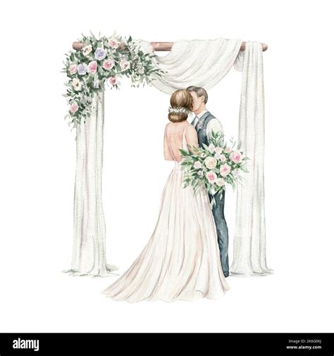 Recién Casados Y Arco De Bodas Novio Elegante Novia Con Ramo Acuarela Ilustración Pintada A