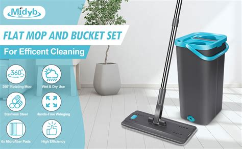 Midyb Floor Mop And Bucket Set Flat Mop With 360 Degree Rotating Head And 144cm Stainless Steel