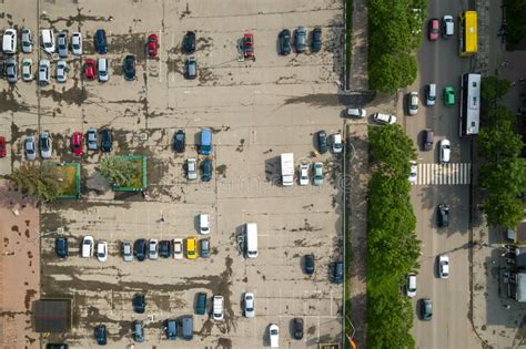 Top Down Aerial View Of Busy Street With Moving Cars Traffic And Big