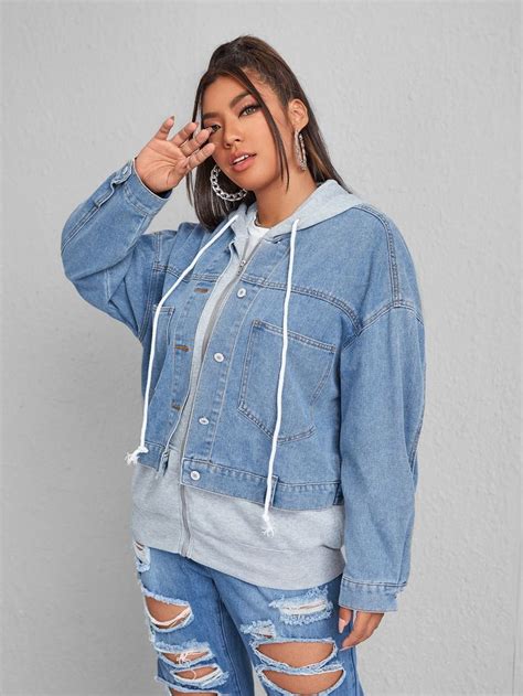 Plus Dual Pocket Drop Shoulder Denim Jacket