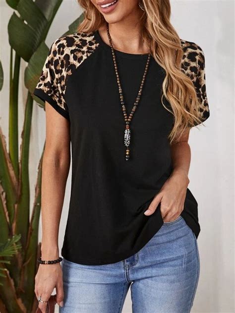 EMERY ROSE Leopard Raglan Sleeve Tee Clothes For Women Raglan Sleeve