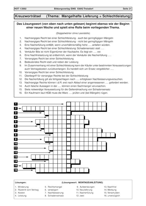 Kreuzwortr Tsel Zum Thema Mangelhafte Lieferung Kreuzwortr Tsel