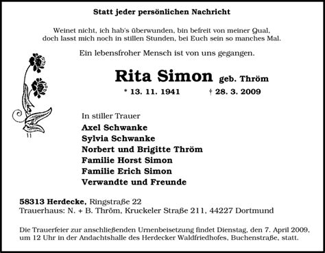 Traueranzeigen Von Rita Simon Trauer In Nrwde