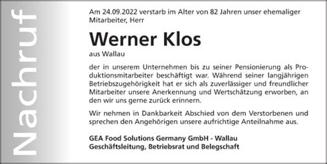 Traueranzeigen Von Werner Klos Vrm Trauer De