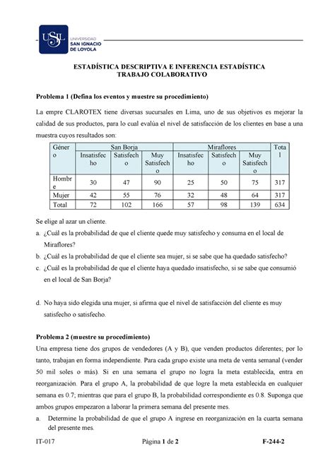 Trabajo Colaborativo De Probabilidades Estad Stica Descriptiva E