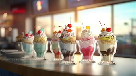 Premium Ai Image A Row Of Ice Cream Sundaes On A Table