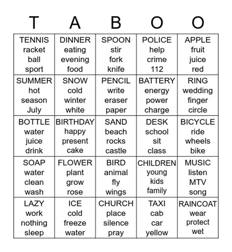 Taboo Bingo Card